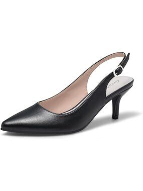 Women's Black Pu Leather Kitten Heels Pointed Toe Slingback Dress Pumps Shoes